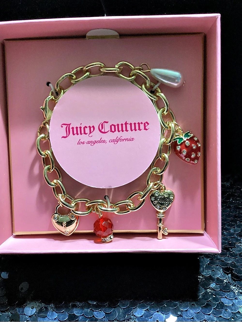 Juicy Couture Gold Tone Charm Bracelet Padlock Heart, Key & Strawberry Charm